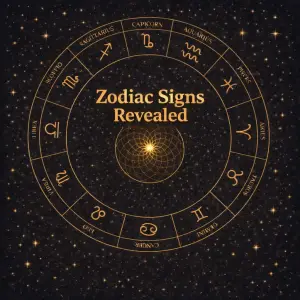 Zodiac Signs Revealed logo with geometric zodiac wheel design